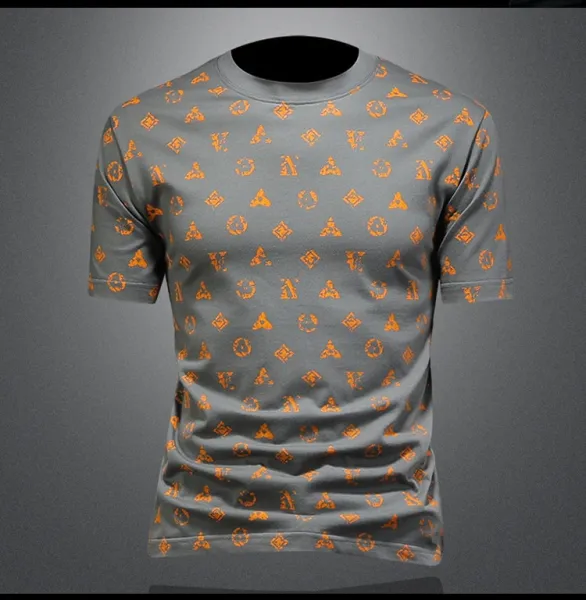 Design All-Over Print Orange Geometric Pattern Gray T-Shirt - 18