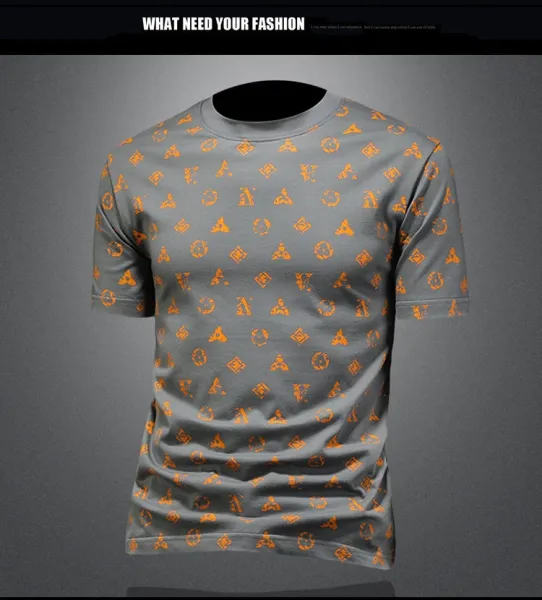 Design All-Over Print Orange Geometric Pattern Gray T-Shirt - 20