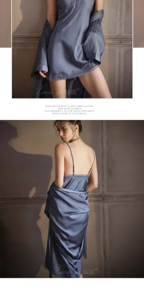 Design Lace Trim Satin Slip Dress with Built-in Bra in Sage Green Sleepwear - 18