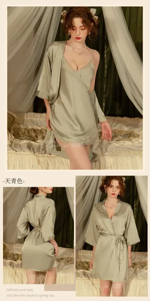 Design Lace Trim Satin Slip Dress with Built-in Bra in Sage Green Sleepwear - 20