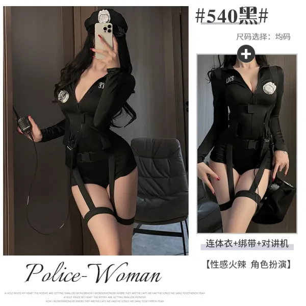 Design Police Woman Costume Black Bodysuit with Garter Belt and Walkie-Talkie Dress - 1