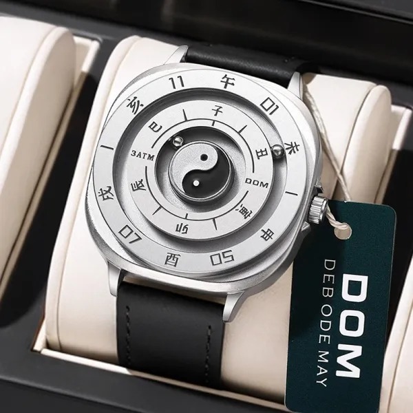 Design DOM Yin Yang Chronograph Silver Watch with Black Leather Strap Watches - 1
