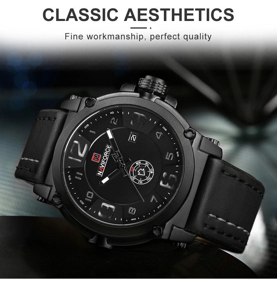 Design NAVIFORCE Military-Style Chronograph Black Dial Brown Leather Strap Watch Watches - 6