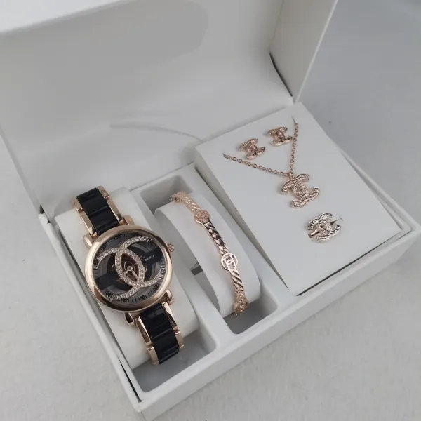 Chanel CC Logo Watch and Jewelry Set Rose Gold Black - 1