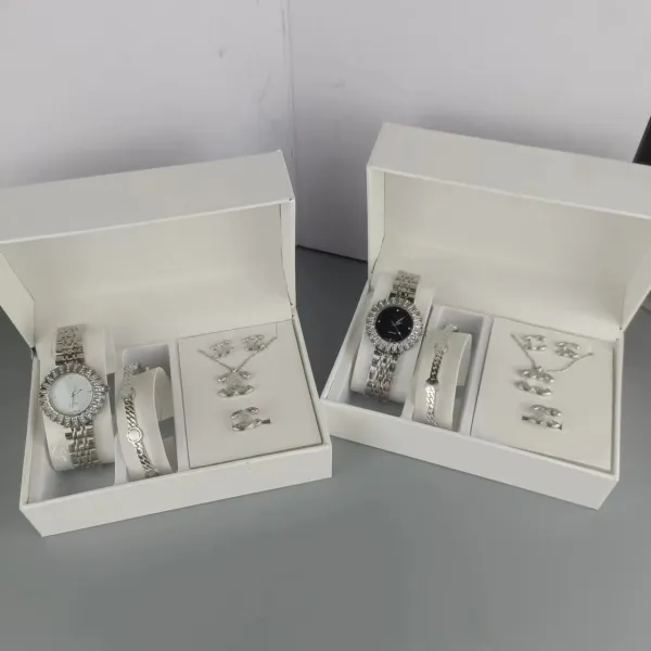 Design Chanel-Inspired CC Logo Jewelry Set Silver Tone Watch and Accessories - 2