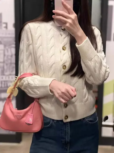 Design Cable Knit Cardigan Beige Wool Blend Cardigan - 5