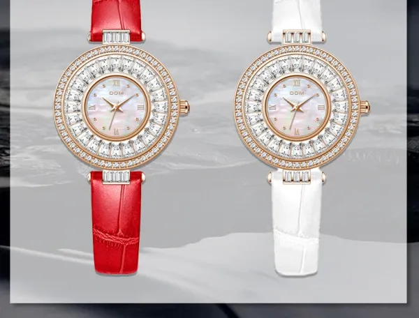 Design DOM Diamond-Encrusted Mother-of-Pearl Dial White Leather Strap Watch Watches - 6