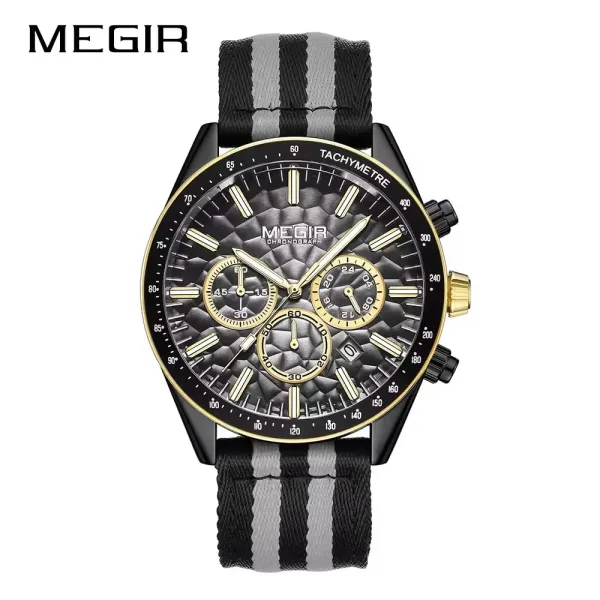 Design MEGIR Chronograph Black Gold Striped Nylon Strap Watch Watches - 1