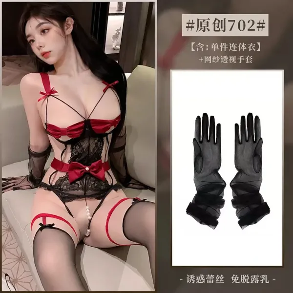 Design Original 702 Red Black Lace Bodysuit with Sheer Gloves Underwear - 1