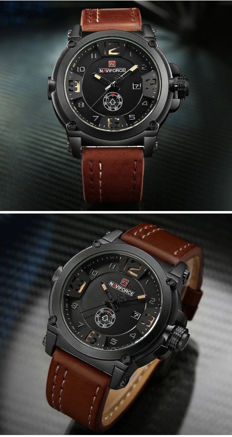 Design NAVIFORCE Military-Style Chronograph Black Dial Brown Leather Strap Watch Watches - 15