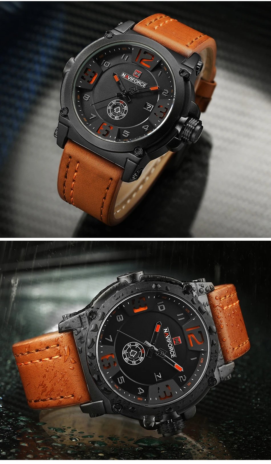 Design NAVIFORCE Military-Style Chronograph Black Dial Brown Leather Strap Watch Watches - 17