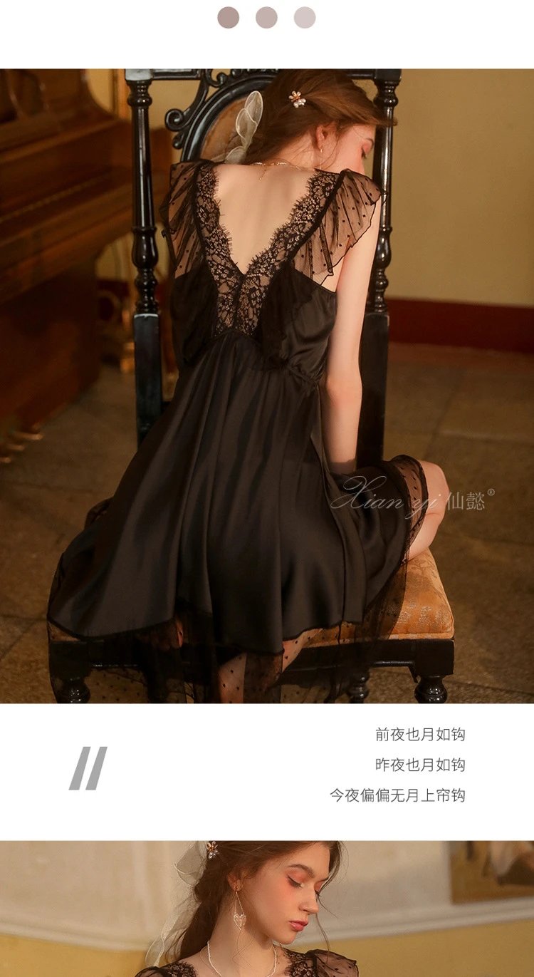 Design Lace-Trimmed Satin Sleepwear Set Black - 18