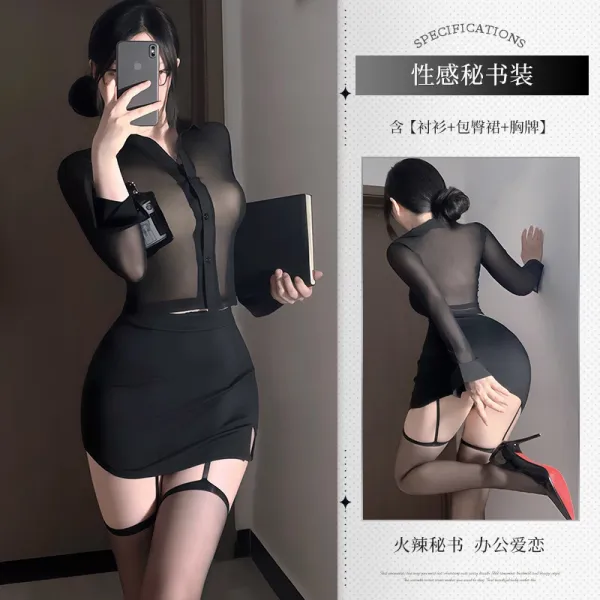 Design Secretarial Sheer Shirt + Mini Skirt + Garter Belt Set Black - 1