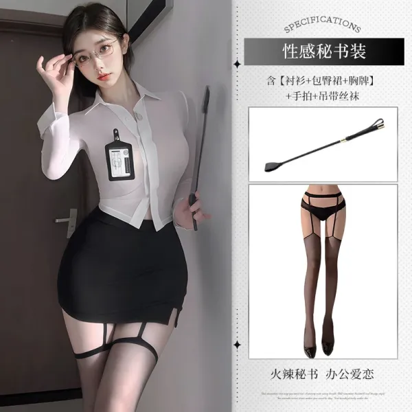 Design Secretary Outfit Set Black Sheer Shirt + Mini Skirt + Garter Belt + Stockings Underwear - 1