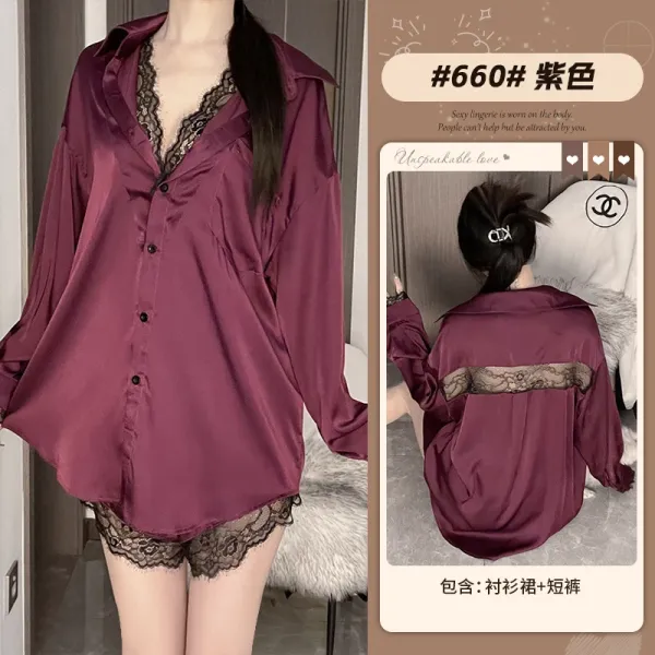 Design Lace-Trimmed Satin Shirt Set Purple - 1