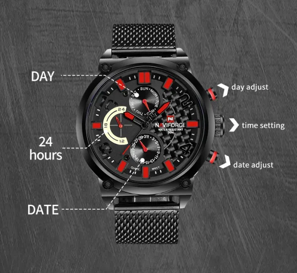 Design NAVIFORCE Chronograph Black Red Mesh Strap Quartz Watch Watches - 9