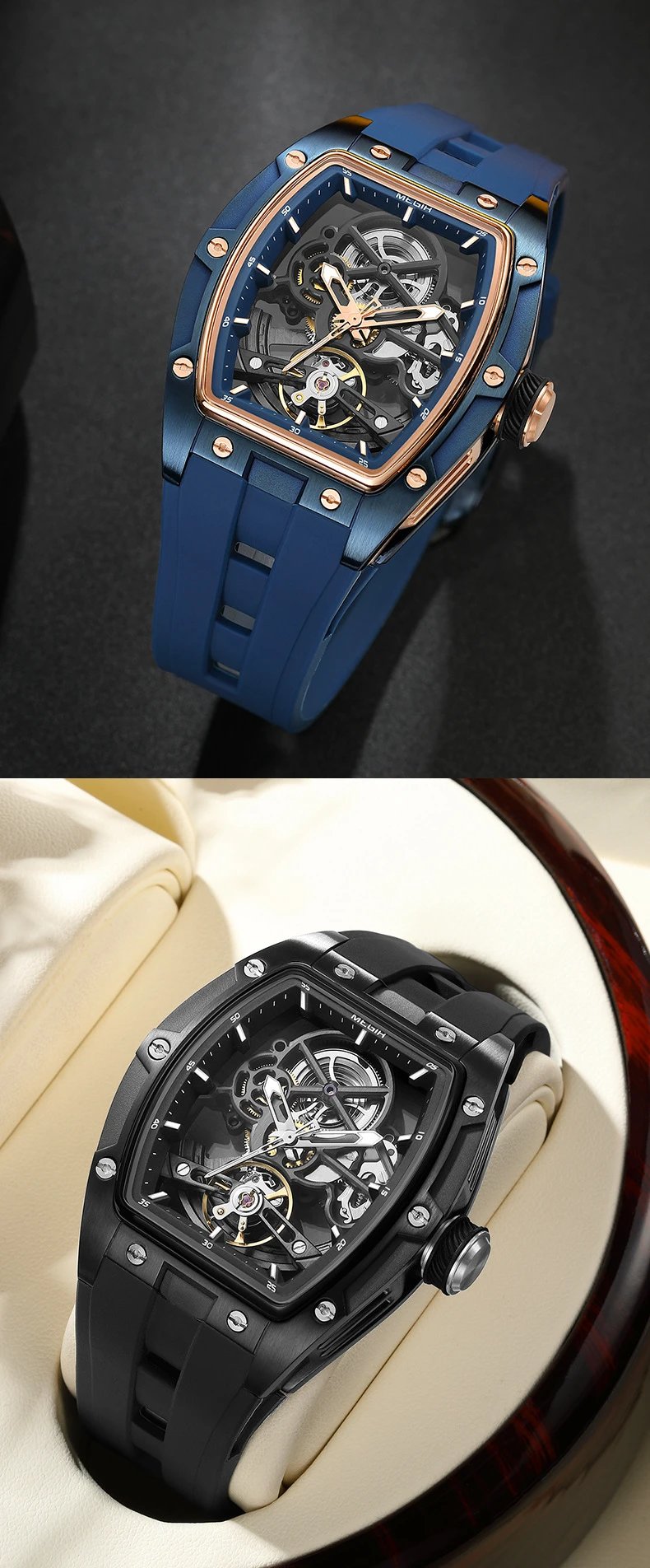 Design MEGIR Skeleton Mechanical Watch Blue Rubber Strap Watches - 4