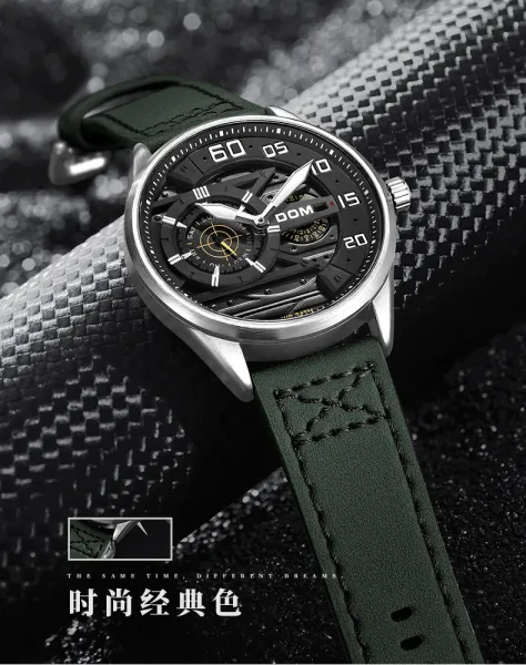 Design DOM DOM Chronograph Military Green Leather Strap Watch Watches - 7