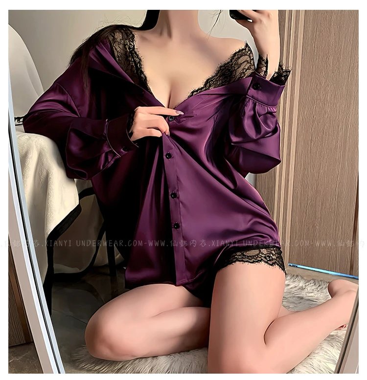 Design Leopard Print Lace-Trimmed Sleepwear Shirt - 18