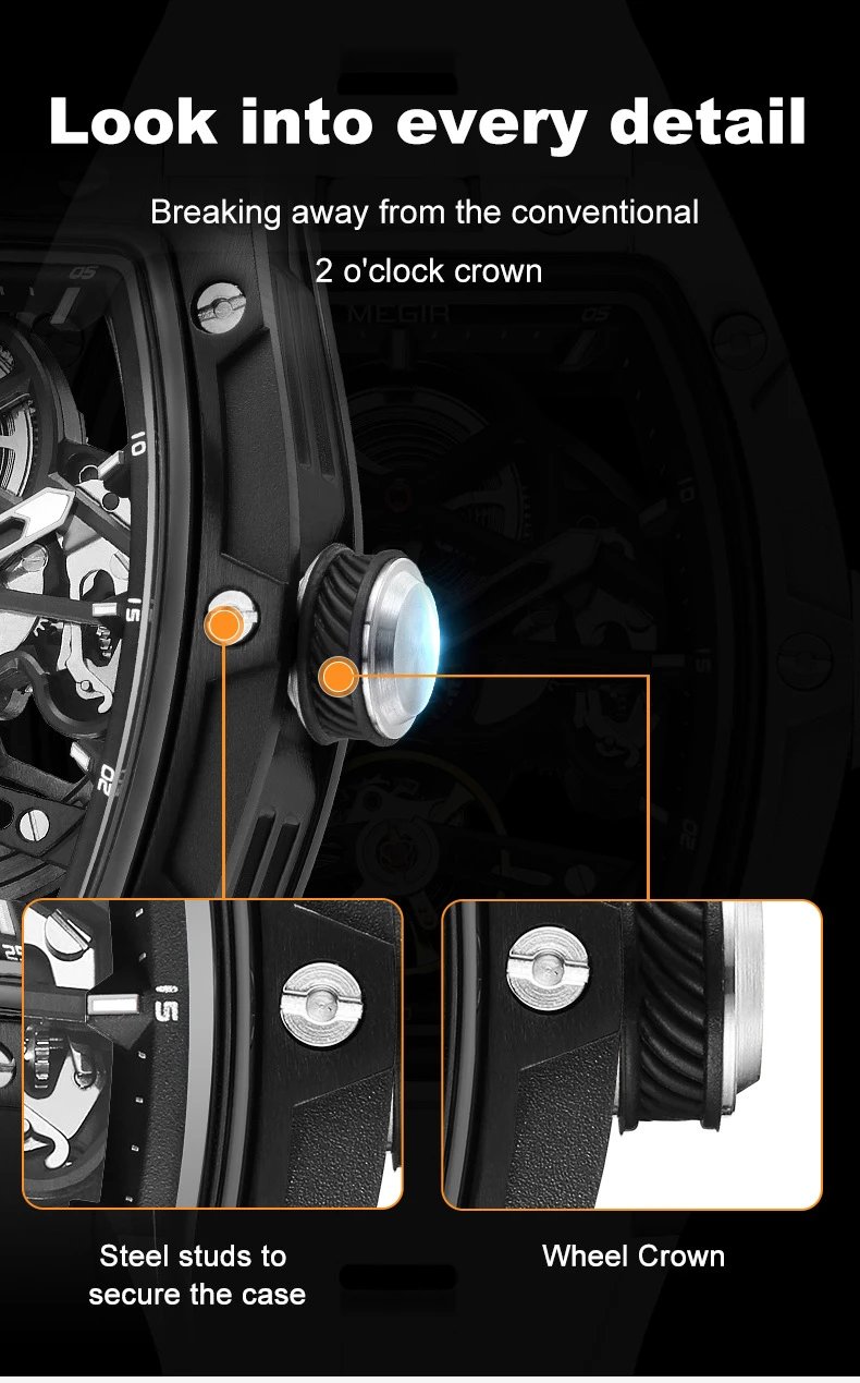 Design MEGIR Skeleton Mechanical Watch Blue Rubber Strap Watches - 8