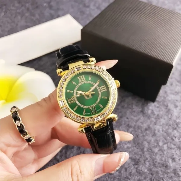 Design Quartz Watch with Crystal Bezel and Gray Leather Strap Watches - 5