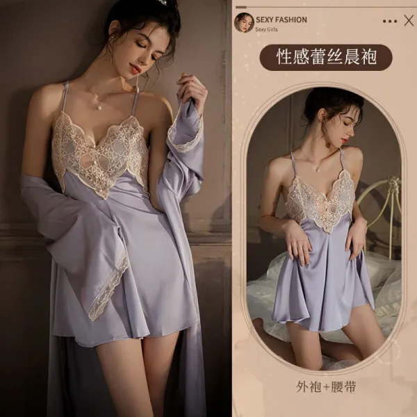Design Lace-Trimmed Satin Sleepwear Set Lilac - 1