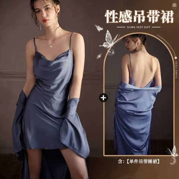 Design Sling Vest Suit Blue Satin Slip Dress Sleepwear - 1
