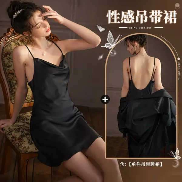 Design Sling Vest Suit Black Satin Slip Dress Sleepwear - 1