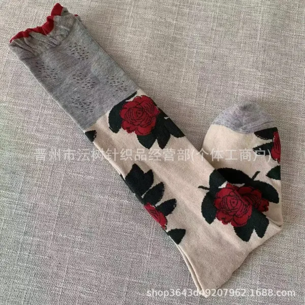 Design Floral Print Knee-High Socks with Ruffled Cuff Beige and Gray - 1
