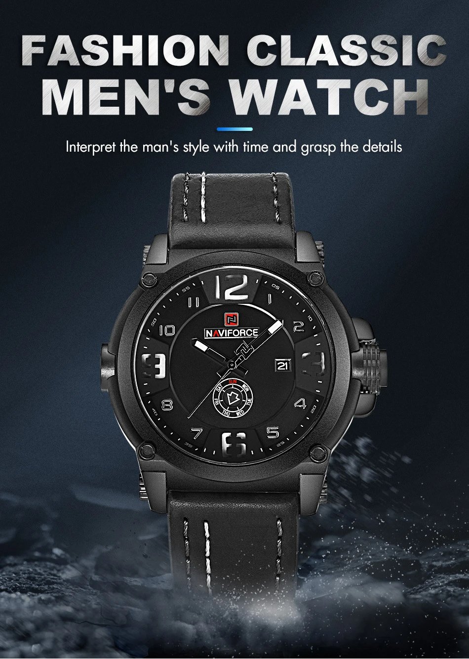 Design NAVIFORCE Military-Style Chronograph Black Dial Brown Leather Strap Watch Watches - 3