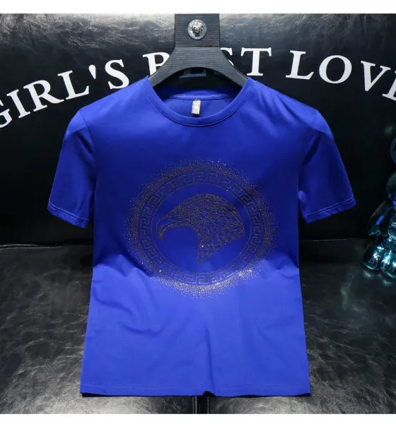 Versace Medusa Eagle Crystal Embellished Royal Blue T-Shirt - 8