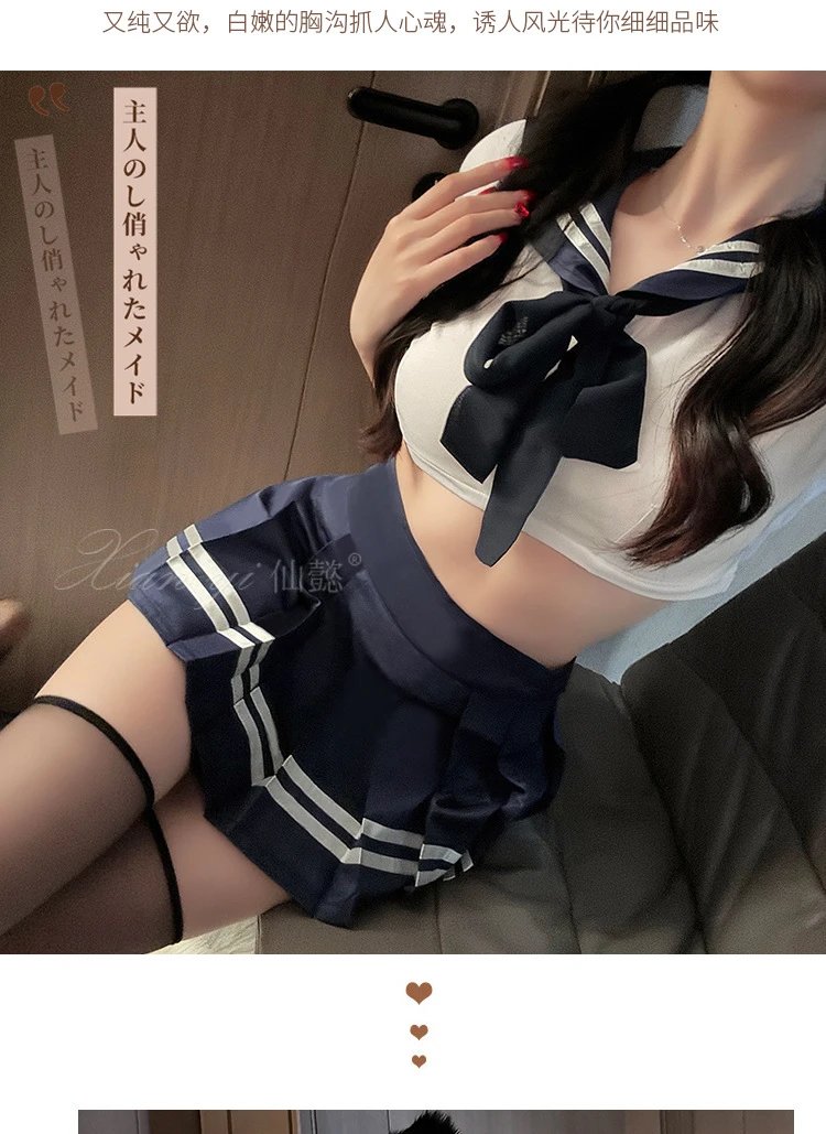 Design Sailor-Style Crop Top + Pleated Skirt Set Navy White - 11