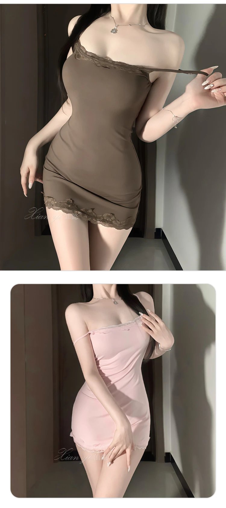 Design #689 Bean Paste Lace Trim Cami Dress with Built-in Bra - 16