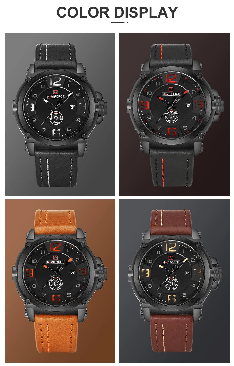 Design NAVIFORCE Military-Style Chronograph Black Dial Brown Leather Strap Watch Watches - 9