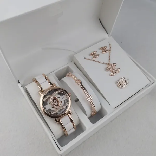 Chanel CC Logo Watch and Jewelry Set White Rose Gold Accessories - 1