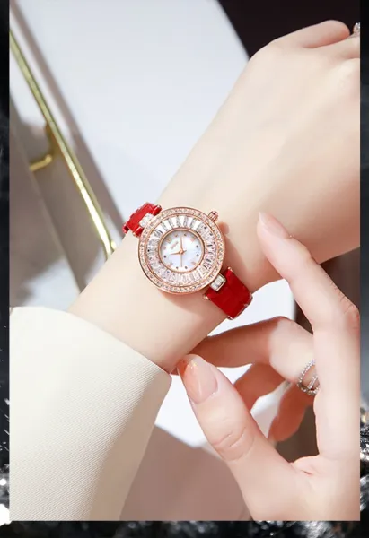Design DOM Diamond-Encrusted Mother-of-Pearl Dial White Leather Strap Watch Watches - 12