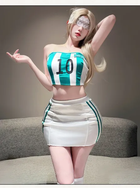 Design #850 Green + White Roleplay Set with Thigh-High Socks - 19