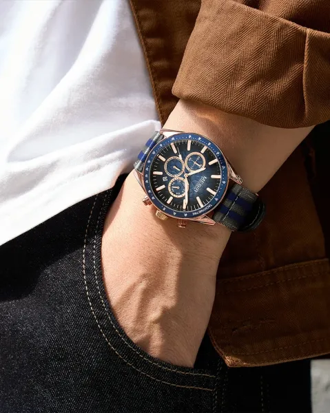 Design MEGIR Chronograph Black Gold Striped Nylon Strap Watch Watches - 15