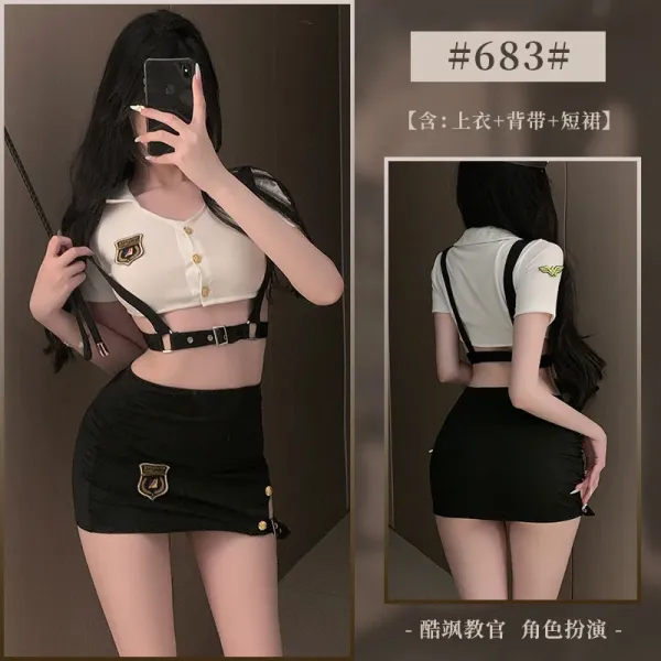 Design #683 Police Officer Roleplay Set - White Crop Top + Black Suspender Skirt - 1