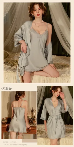 Design Lace Trim Satin Slip Dress with Built-in Bra in Sage Green Sleepwear - 19