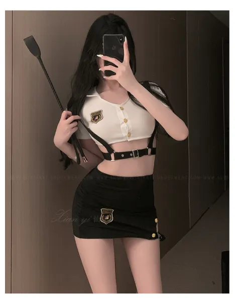 Design Police Officer Costume Set Black / White Hat + Crop Top + Mini Skirt - 9
