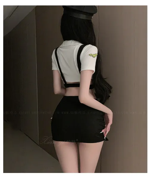 Design Police Officer Costume Set Black / White Hat + Crop Top + Mini Skirt - 11