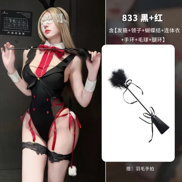 Design 833 Black + Red Lace-Up Bodysuit with Bow Tie and Feather Whip Underwear - 1