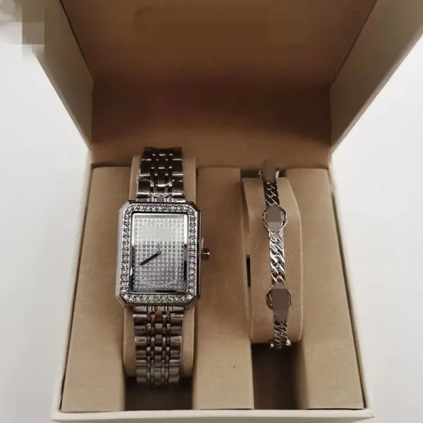 Design Rectangular Crystal-Embellished Watch and Chain Bracelet Set Silver Watches - 1