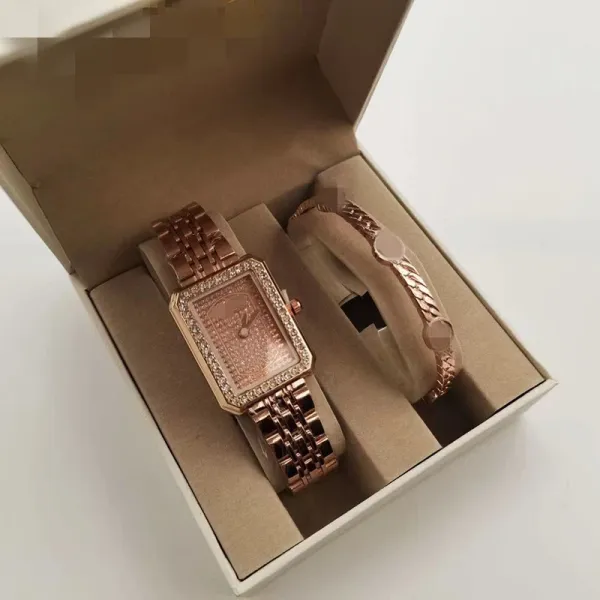 Design Rectangular Crystal-Embellished Watch and Chain Bracelet Set Silver Watches - 2