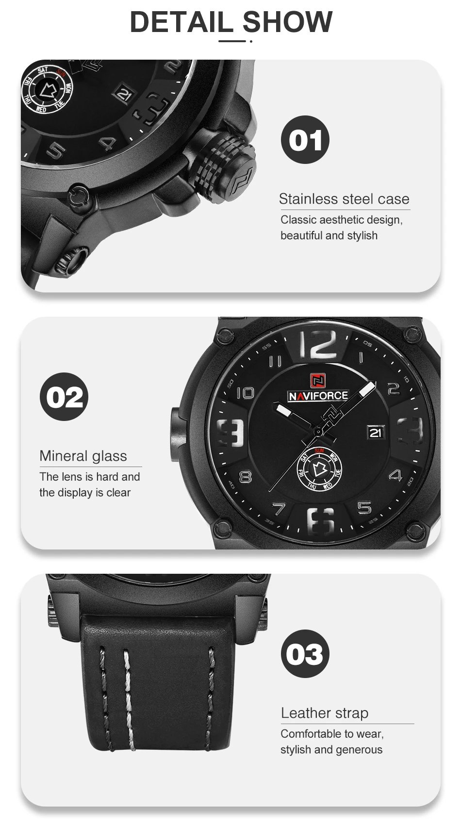 Design NAVIFORCE Military-Style Chronograph Black Dial Brown Leather Strap Watch Watches - 10