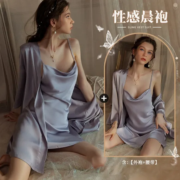 Design Sling Vest Suit Lilac Satin Sleepwear Set - 1