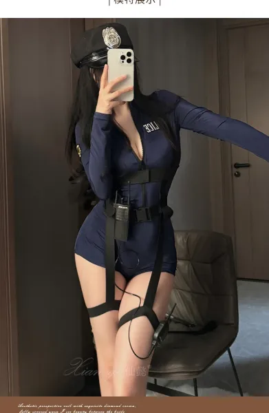 Design Police Woman Costume Set Navy Blue Bodysuit with Harness and Walkie-Talkie Dress - 8