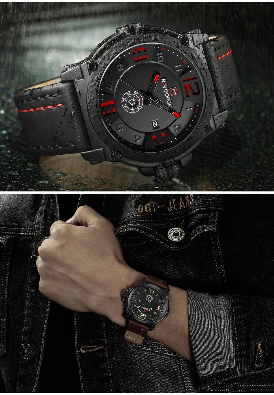 Design NAVIFORCE Military-Style Chronograph Black Dial Brown Leather Strap Watch Watches - 14