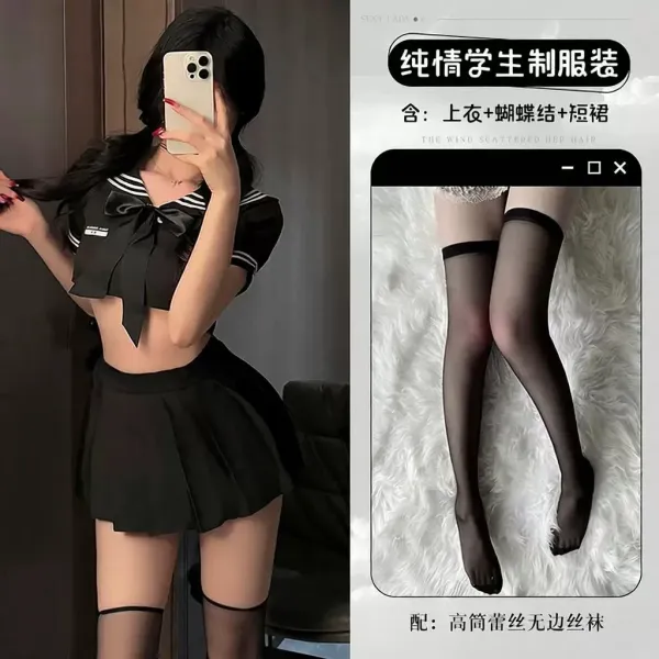 Design Sailor-Style Crop Top and Pleated Skirt Set with Sheer Thigh-High Stockings - 1
